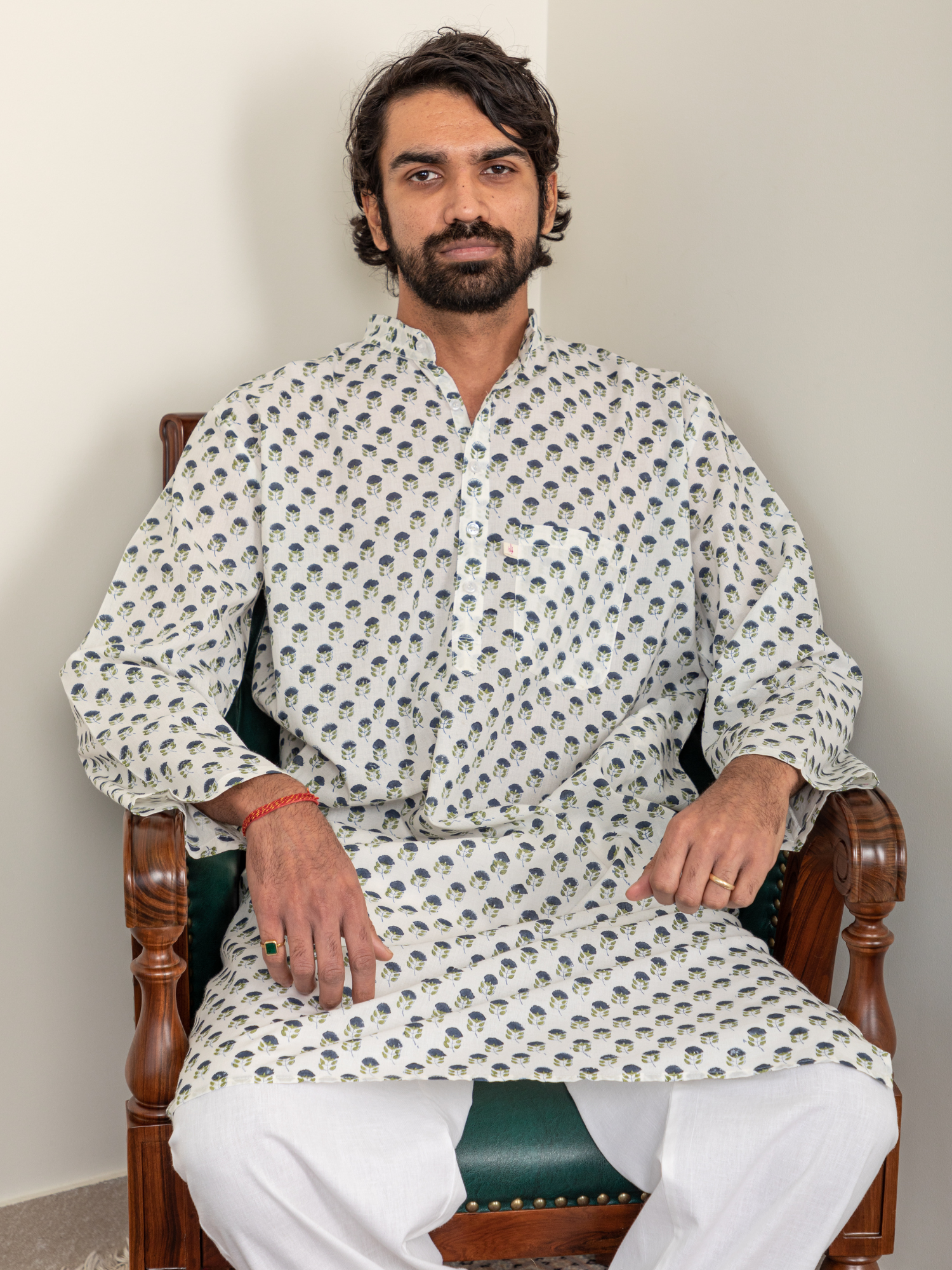 Block Printed Blue & Green Buti Men's Kurta