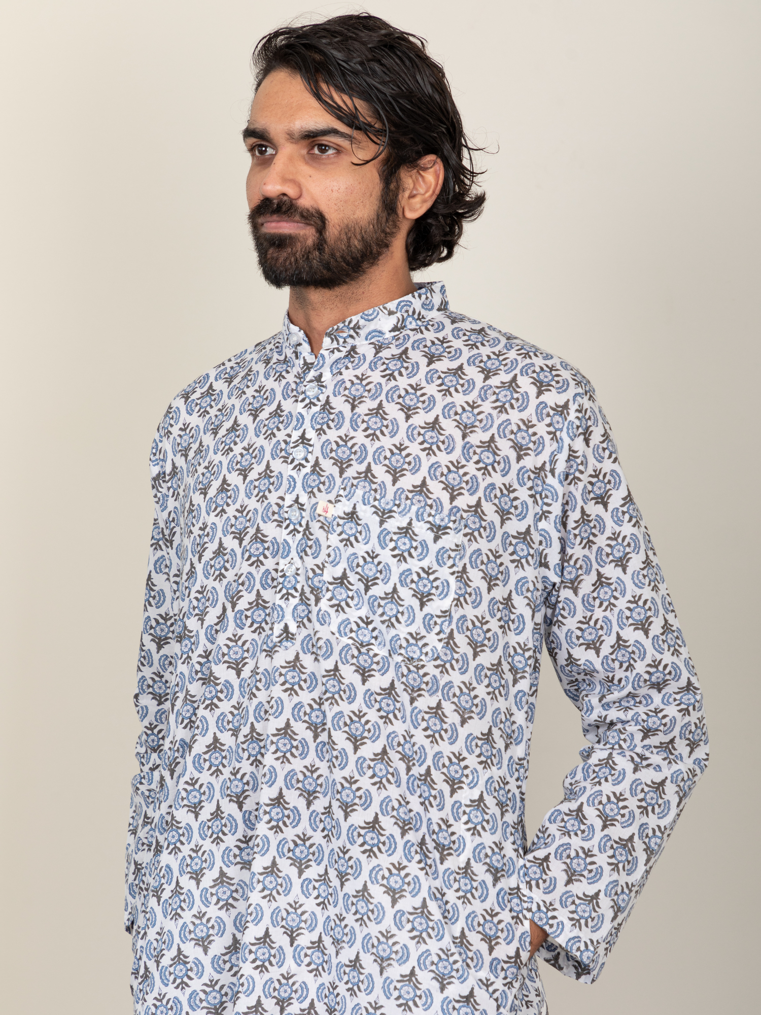 Block Printed Black & Blue Men's Kurta