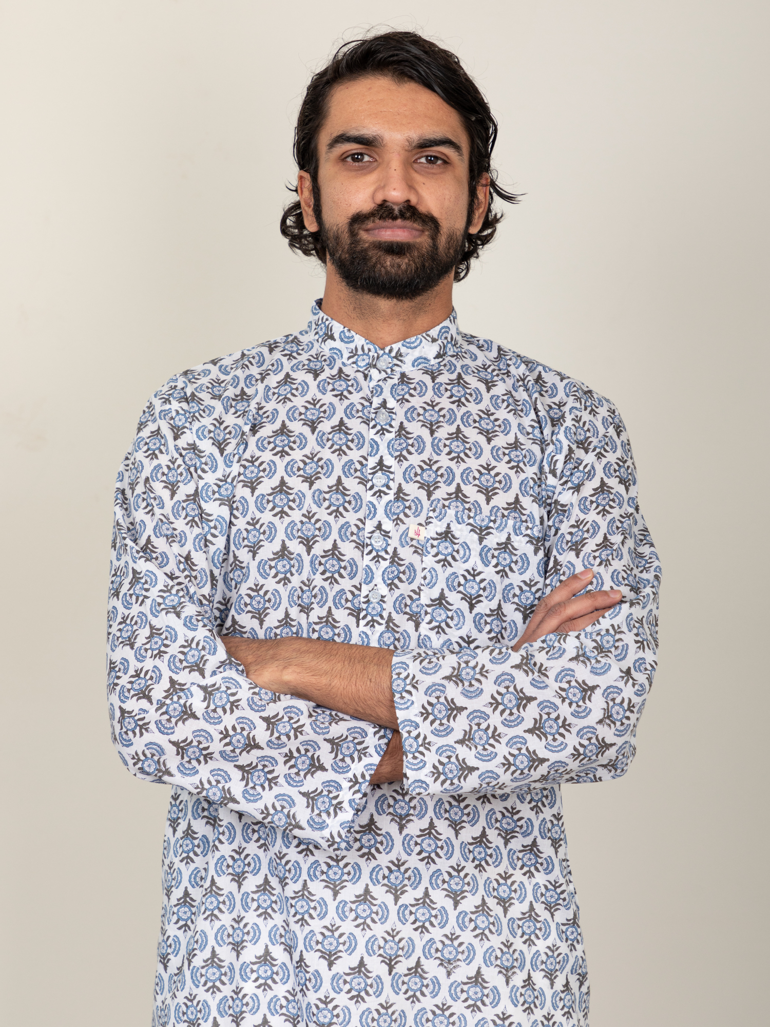 Block Printed Black & Blue Men's Kurta