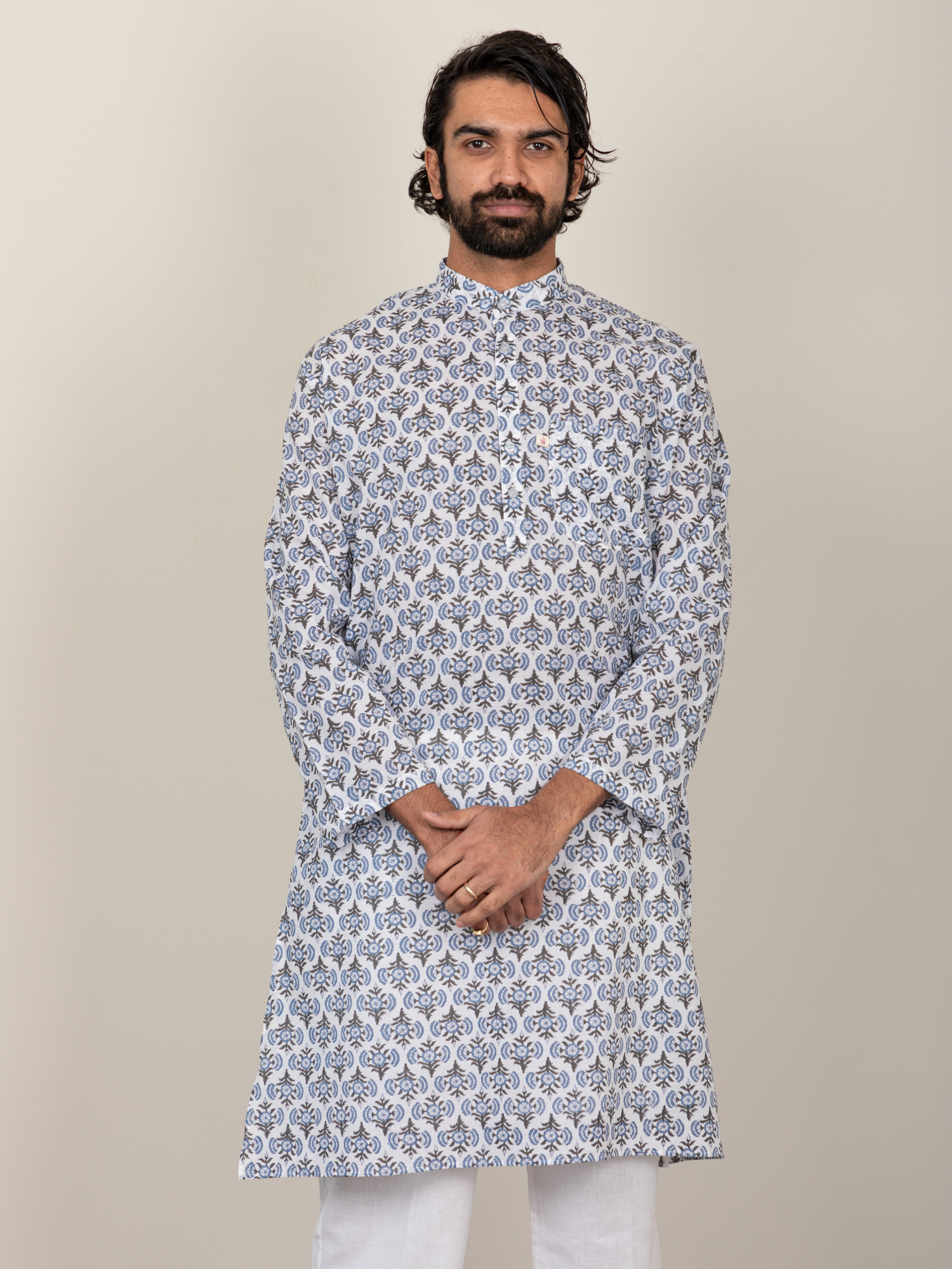 Block Printed Black & Blue Men's Kurta