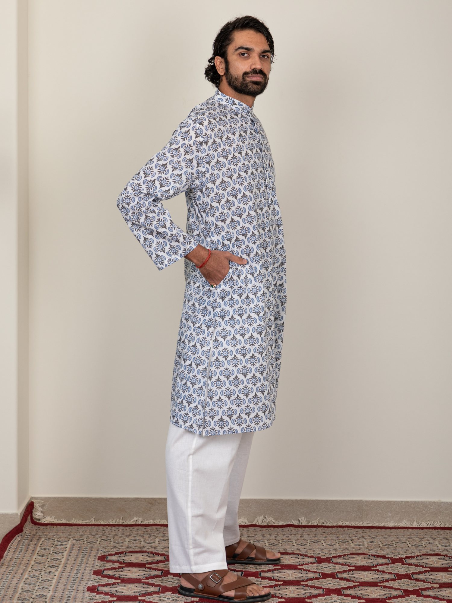 Block Printed Black & Blue Men's Kurta