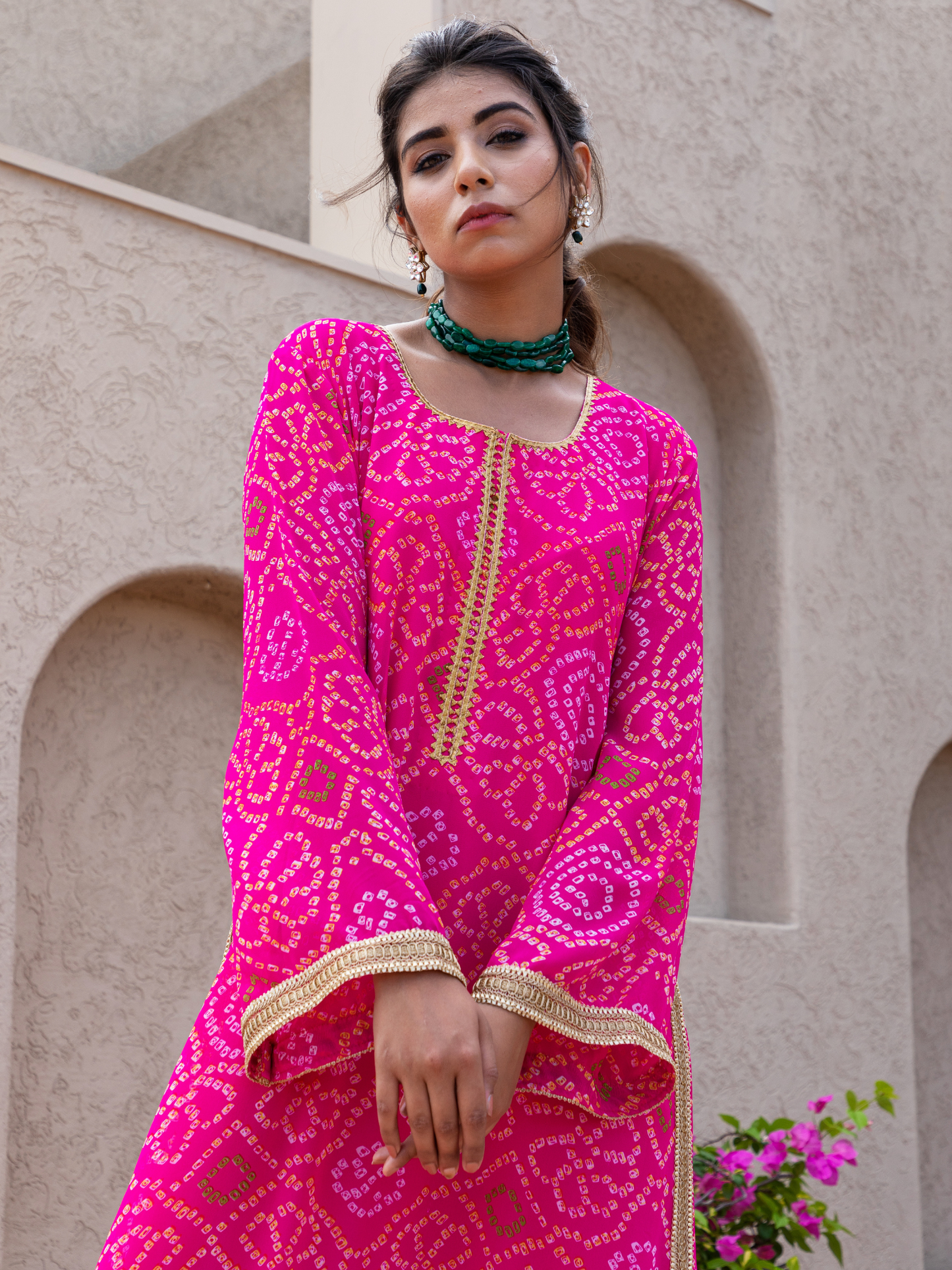 Pink Georgette Straight Bandhani Kaftan