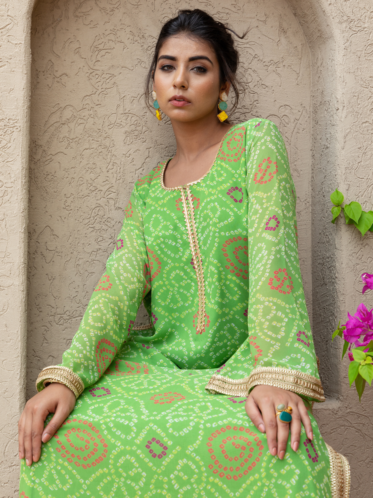 Green Georgette Straight Bandhani Kaftan