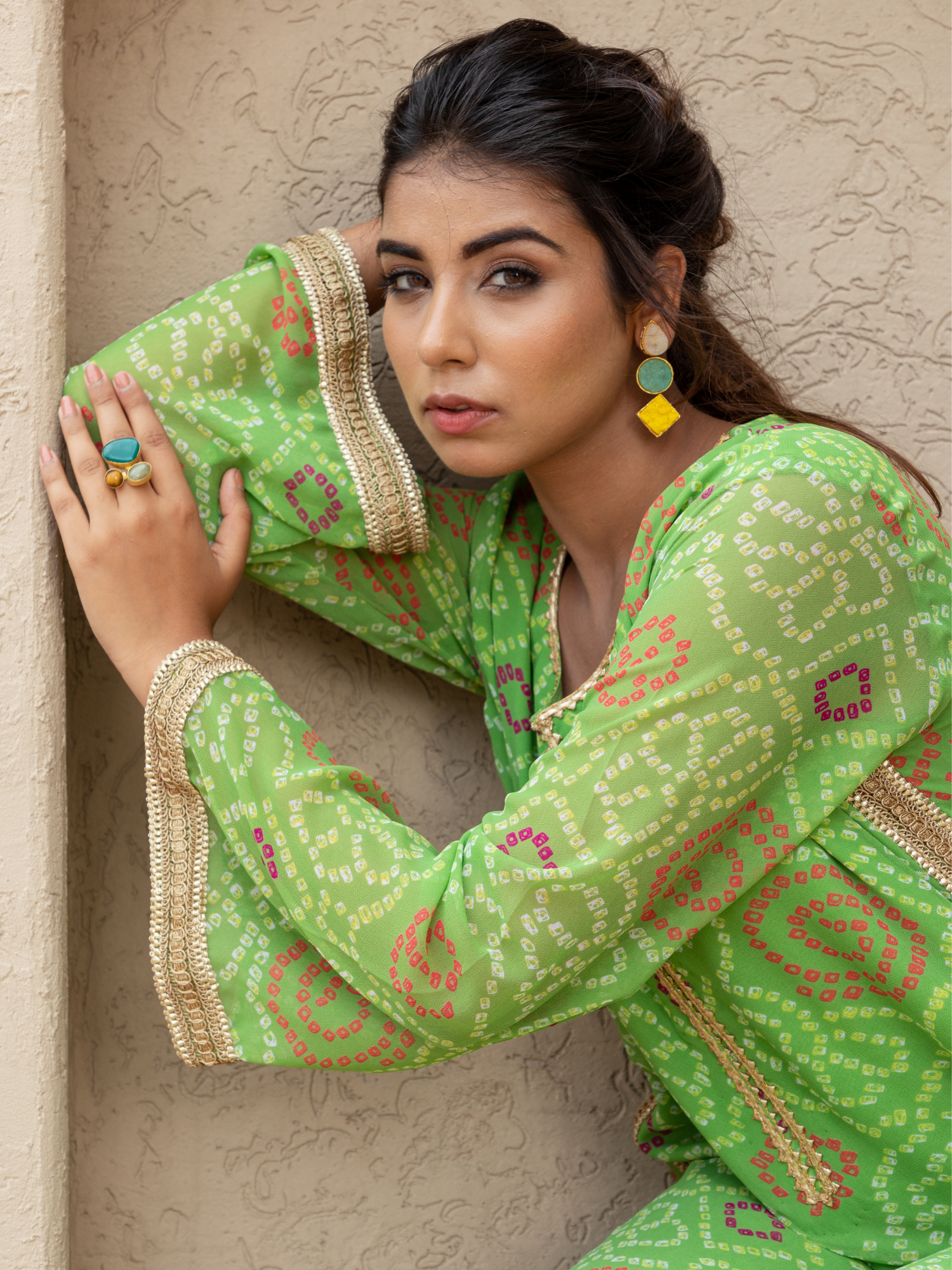 Green Georgette Straight Bandhani Kaftan