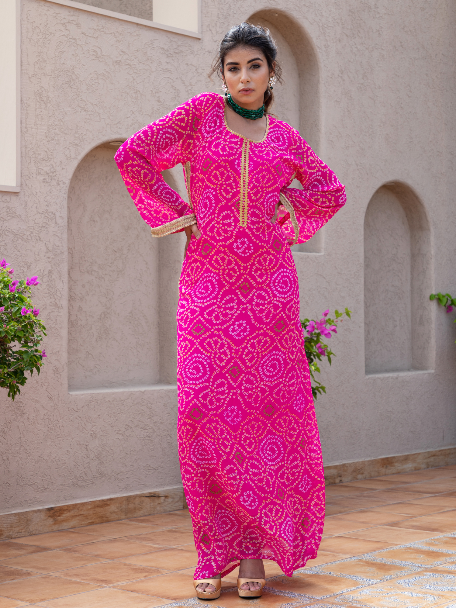 Pink Georgette Straight Bandhani Kaftan