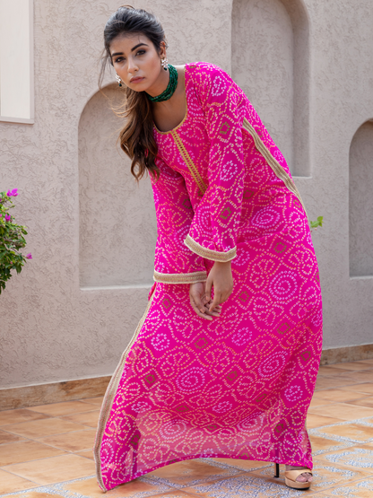 Pink Georgette Straight Bandhani Kaftan