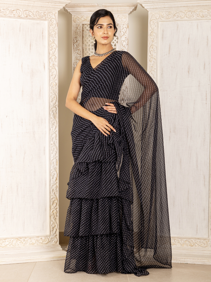 Black Lehriya Pre Draped Ruffle Saree