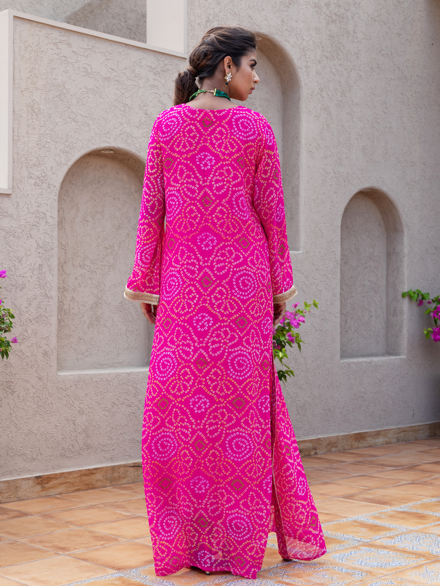 Pink Georgette Straight Bandhani Kaftan