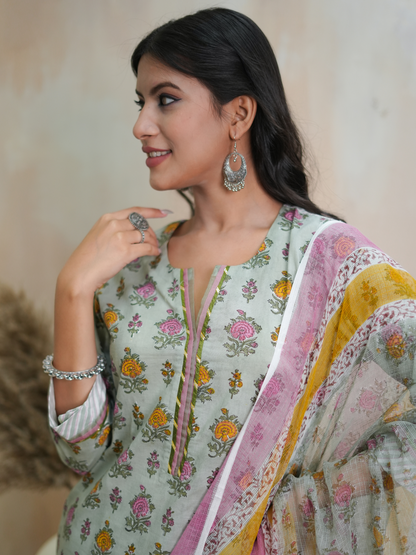 Gulnaaz Green Hand Block Printed Kurta Set