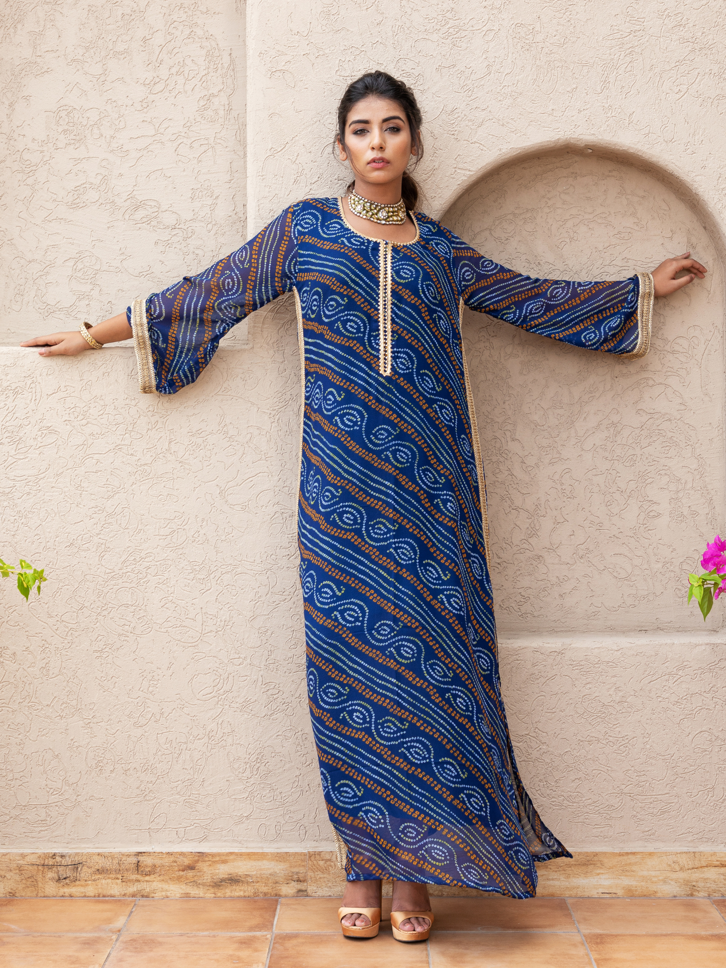 Blue Georgette Straight Bandhani Kaftan