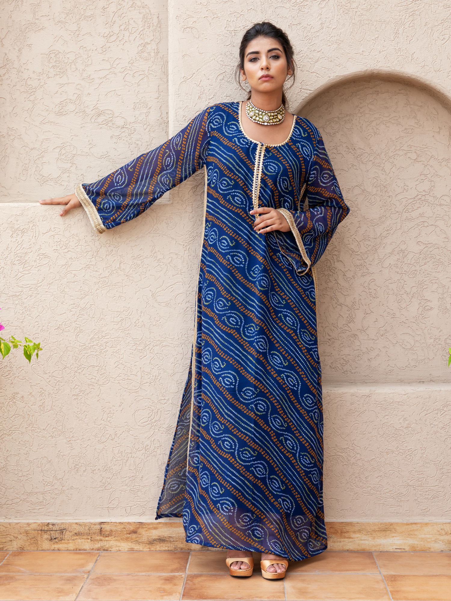 Blue Georgette Straight Bandhani Kaftan