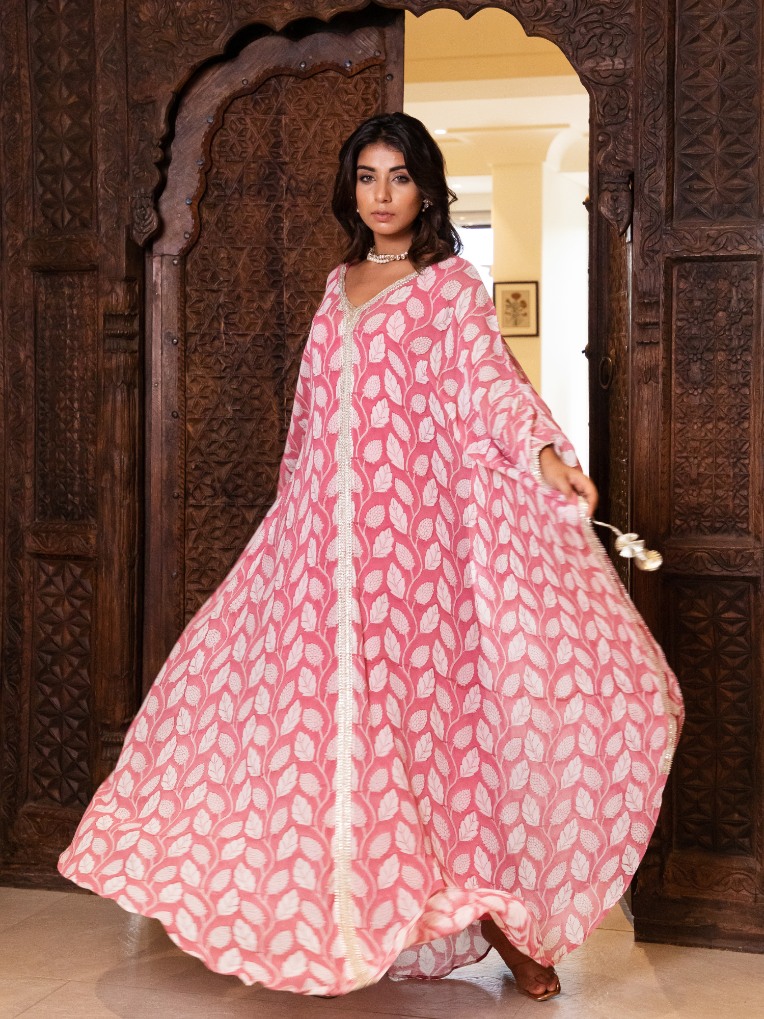 Pink Leaf Floral Hand Block Printed Kaftan