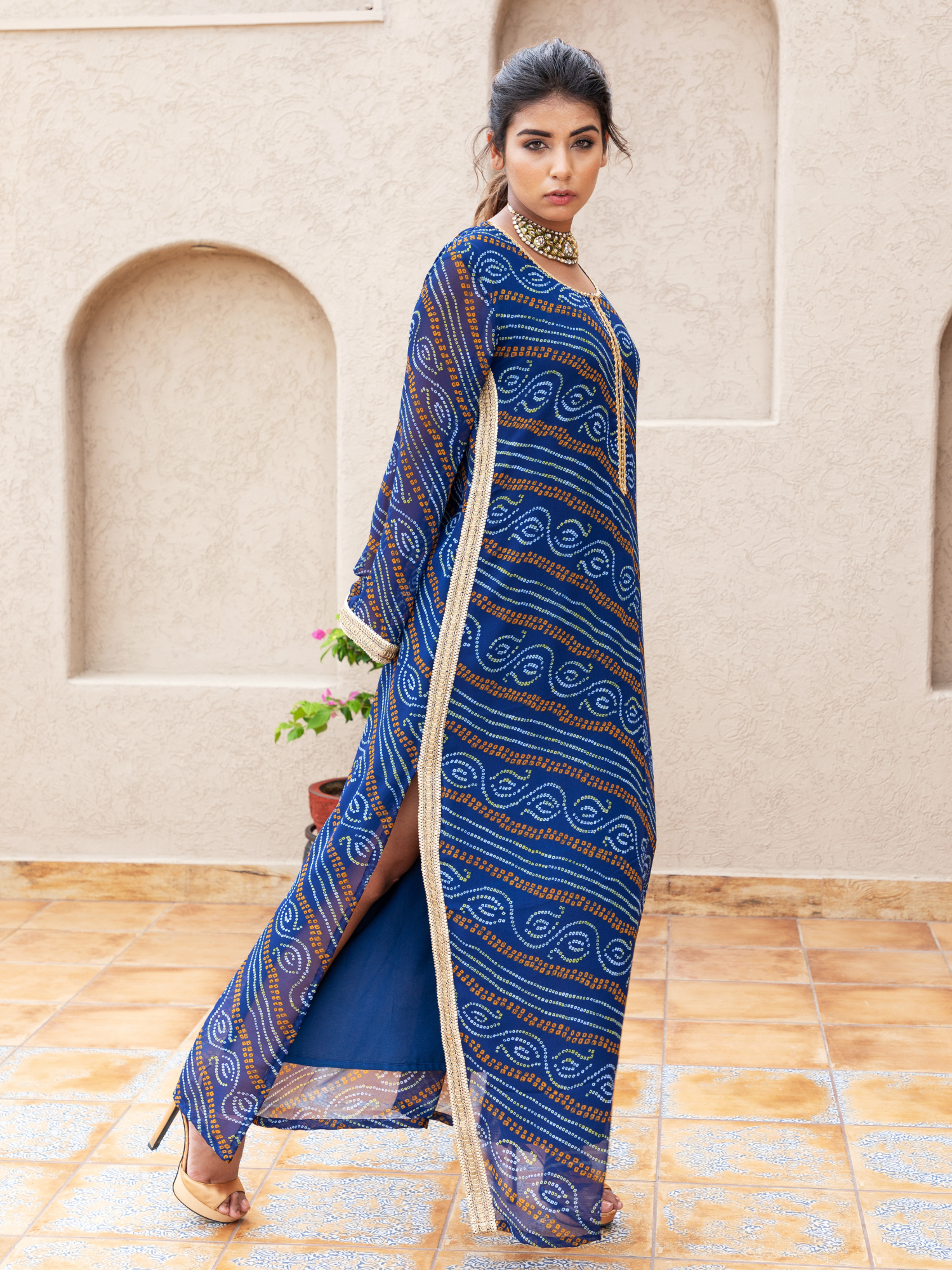 Blue Georgette Straight Bandhani Kaftan