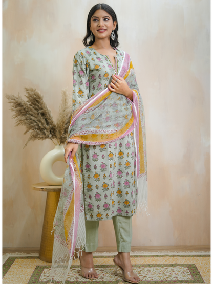 Gulnaaz Green Hand Block Printed Kurta Set