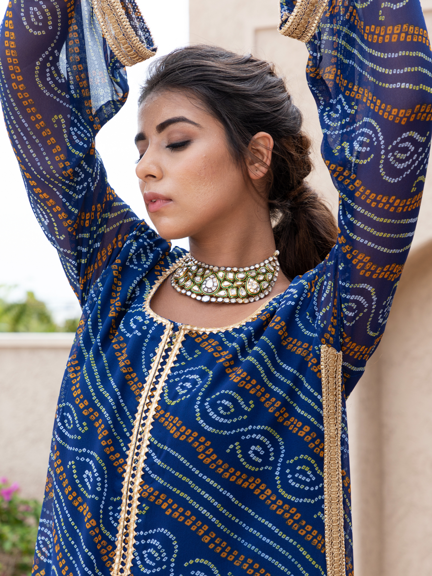 Blue Georgette Straight Bandhani Kaftan