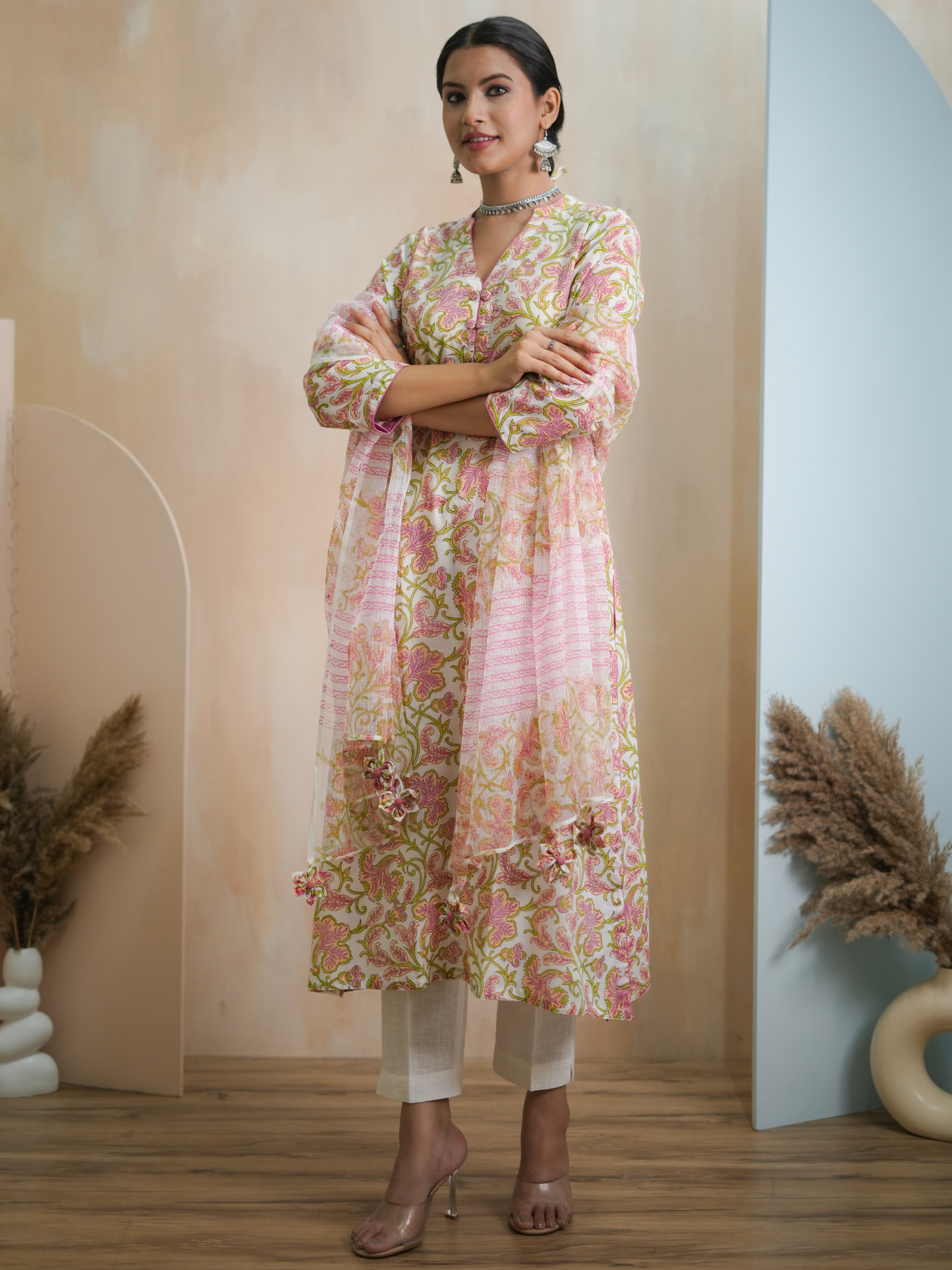 Nazneen Pink Floral Jaal Kurta Set