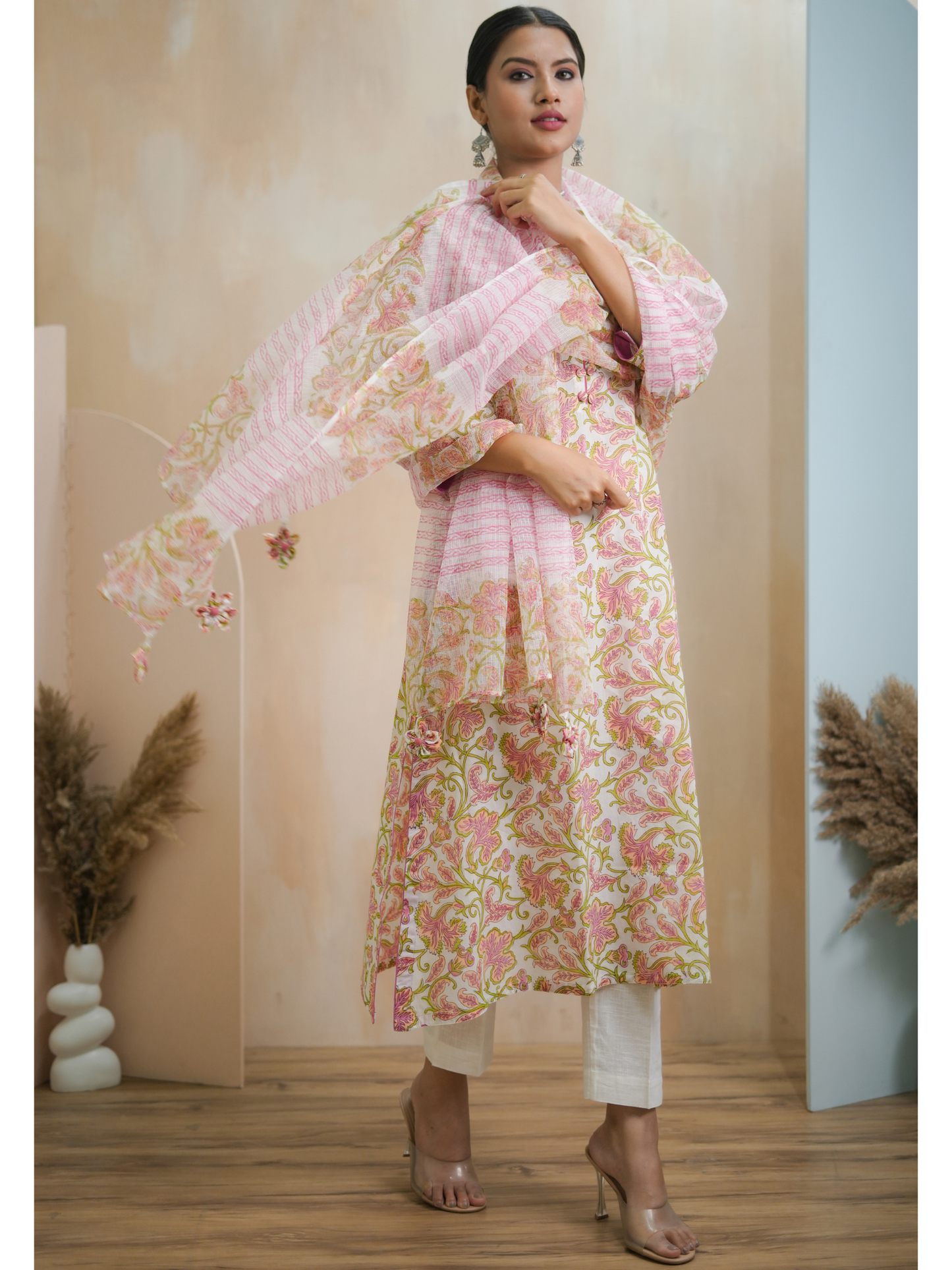 Nazneen Pink Floral Jaal Kurta Set