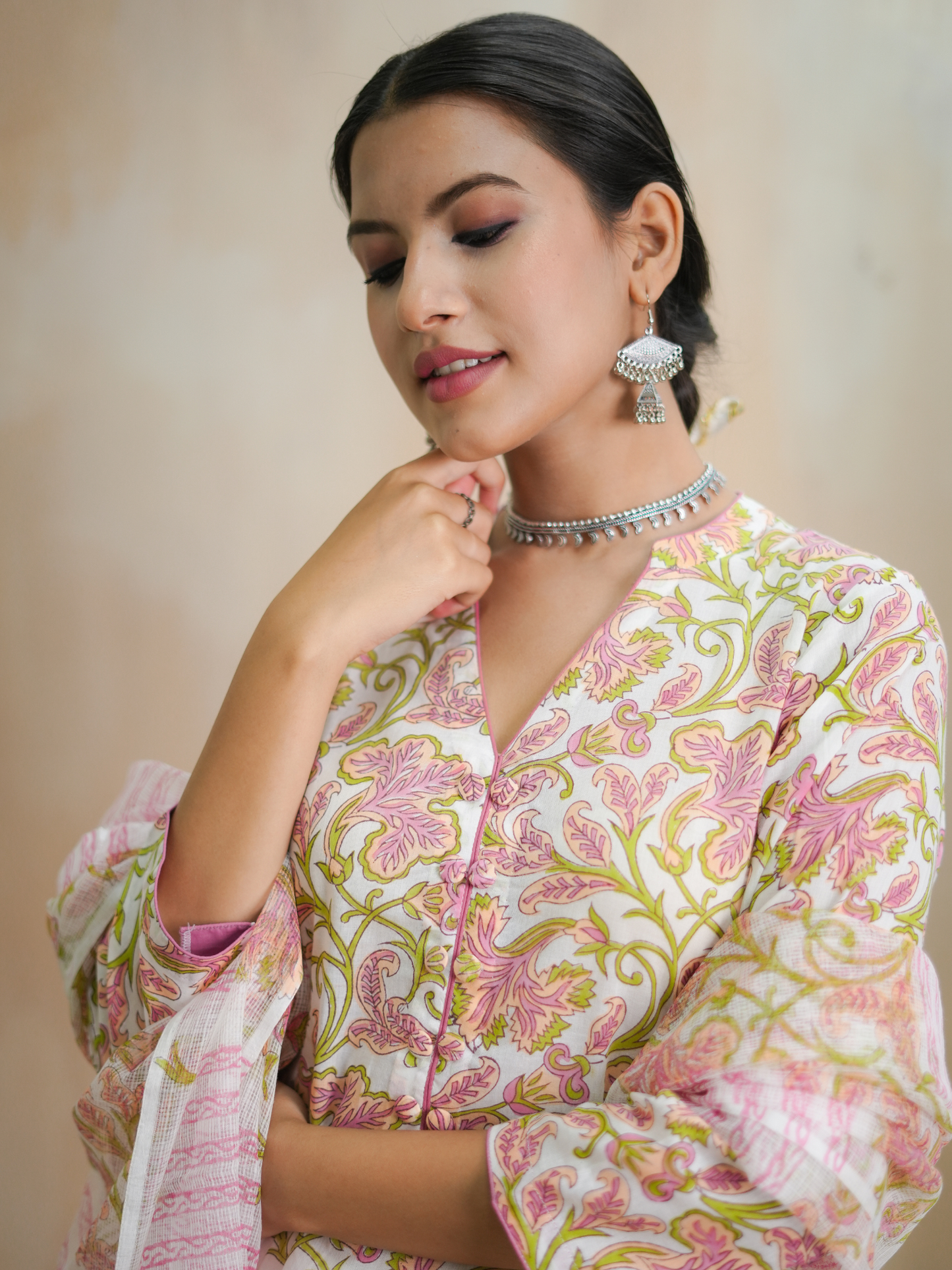 Nazneen Pink Floral Jaal Kurta Set