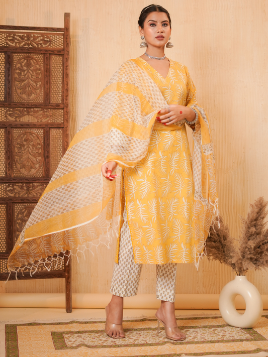 Zohra Yellow Block Print Leaf Kurta Set