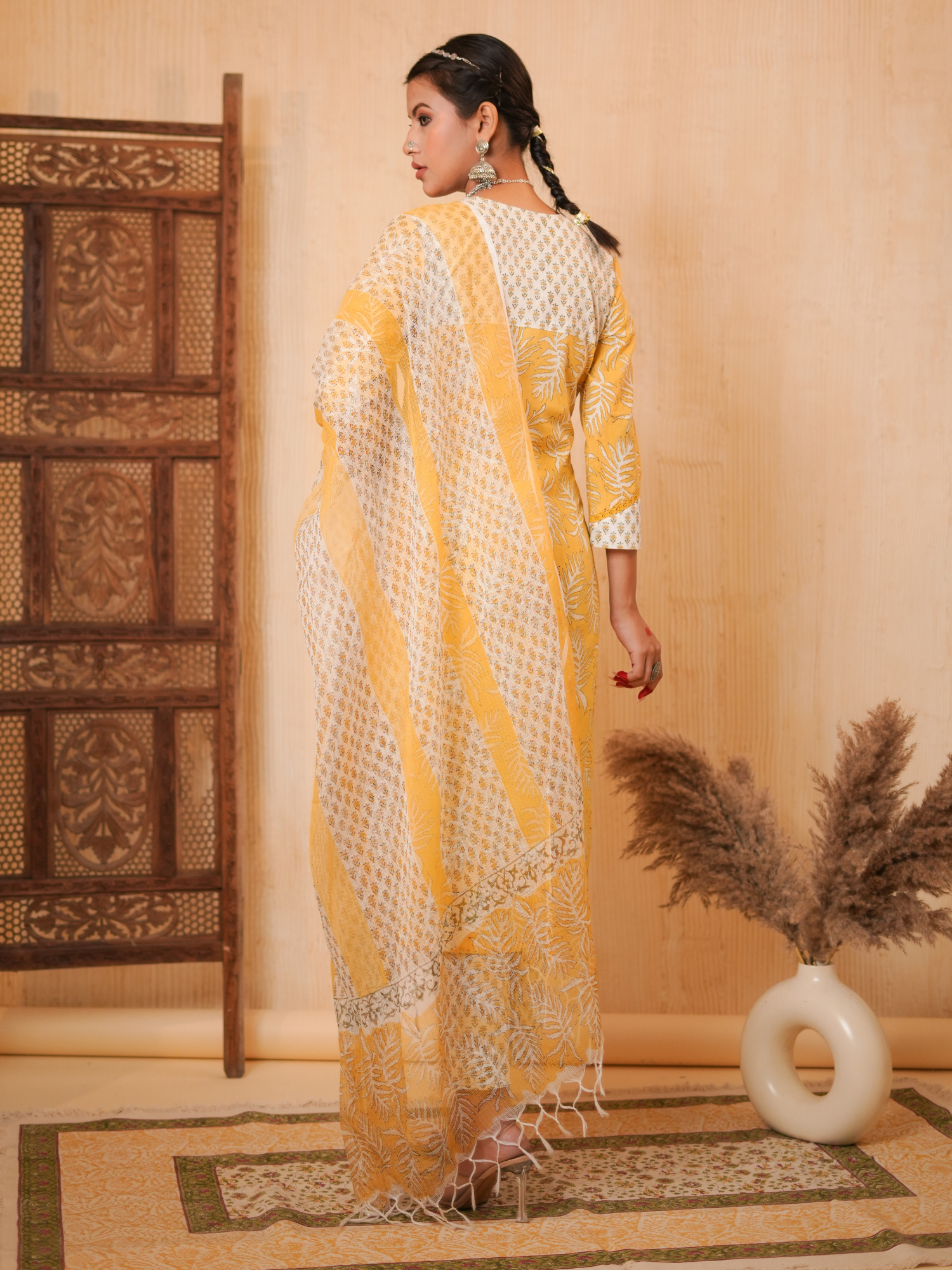 Zohra Yellow Block Print Leaf Kurta Set