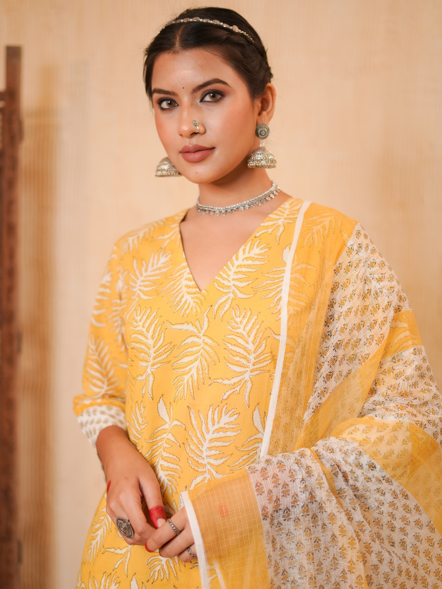 Zohra Yellow Block Print Leaf Kurta Set