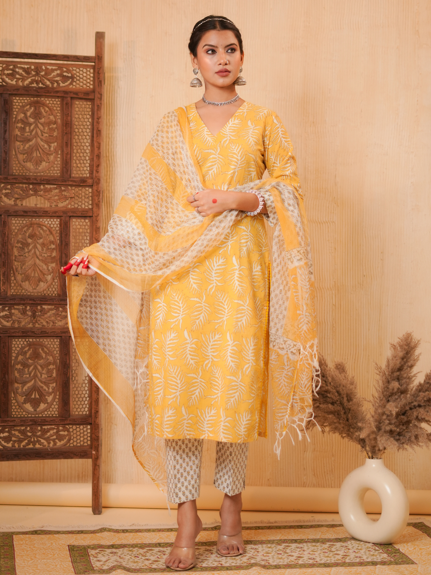 Zohra Yellow Block Print Leaf Kurta Set