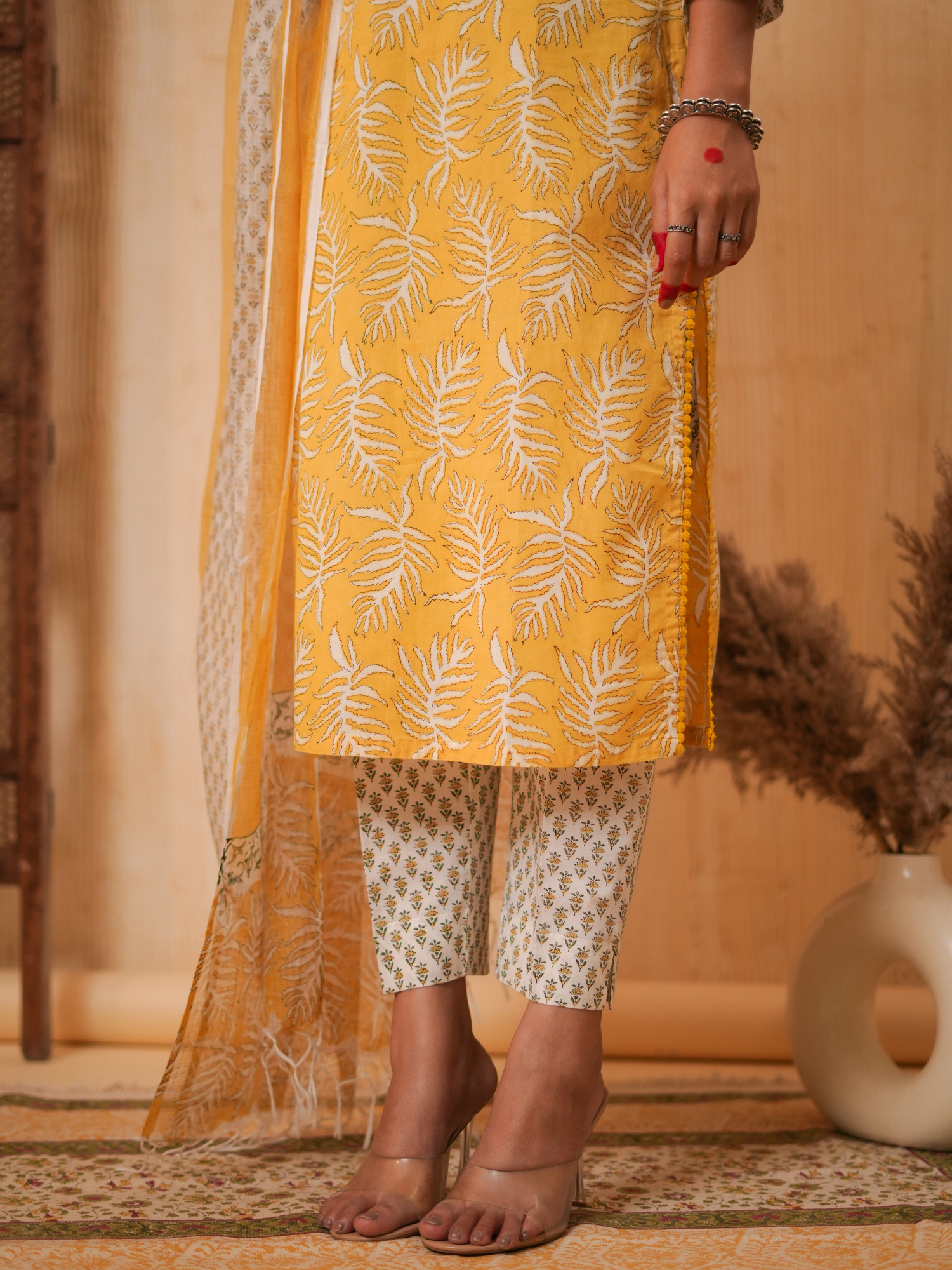 Zohra Yellow Block Print Leaf Kurta Set