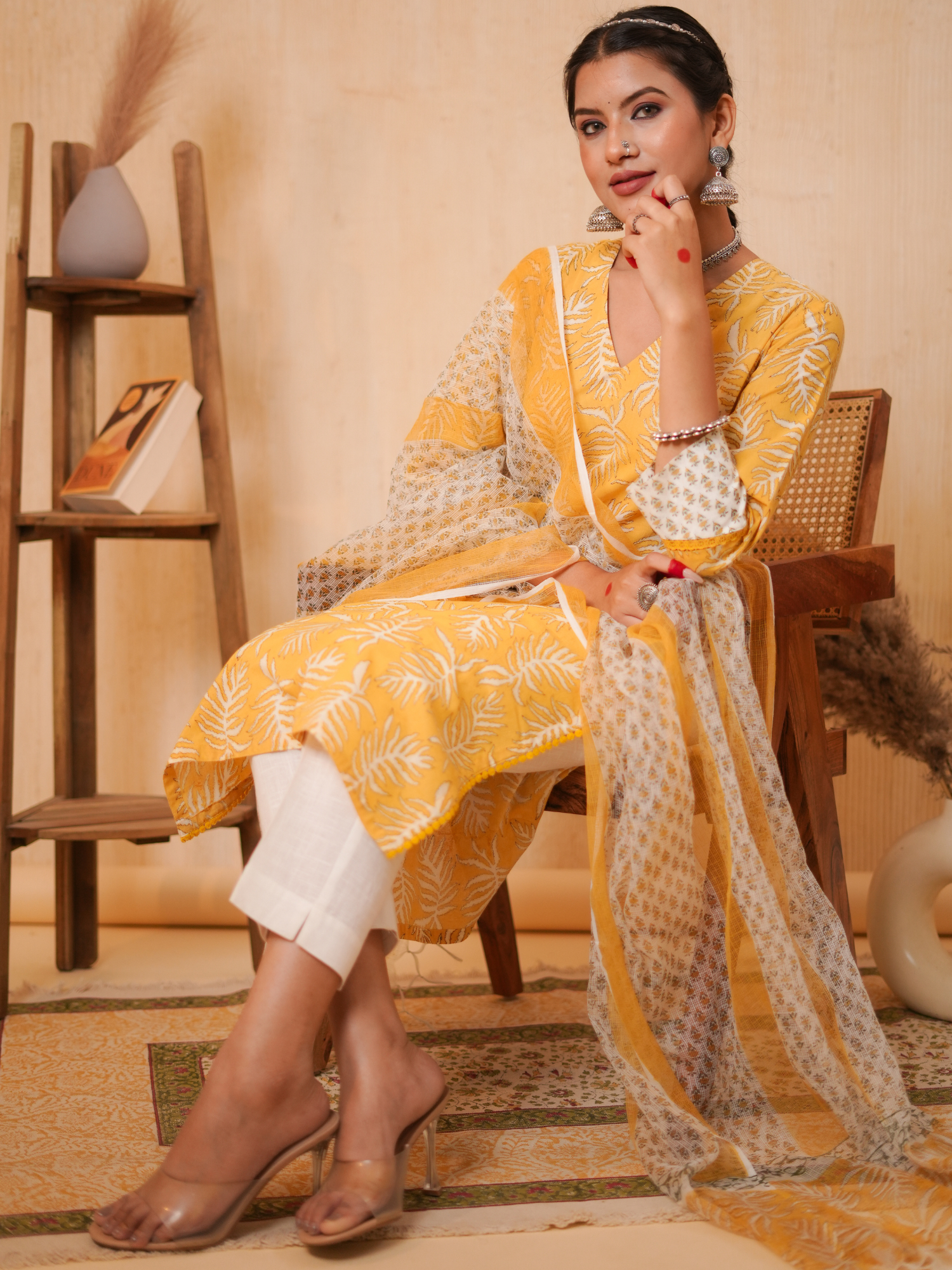 Zohra Yellow Block Print Leaf Kurta Set