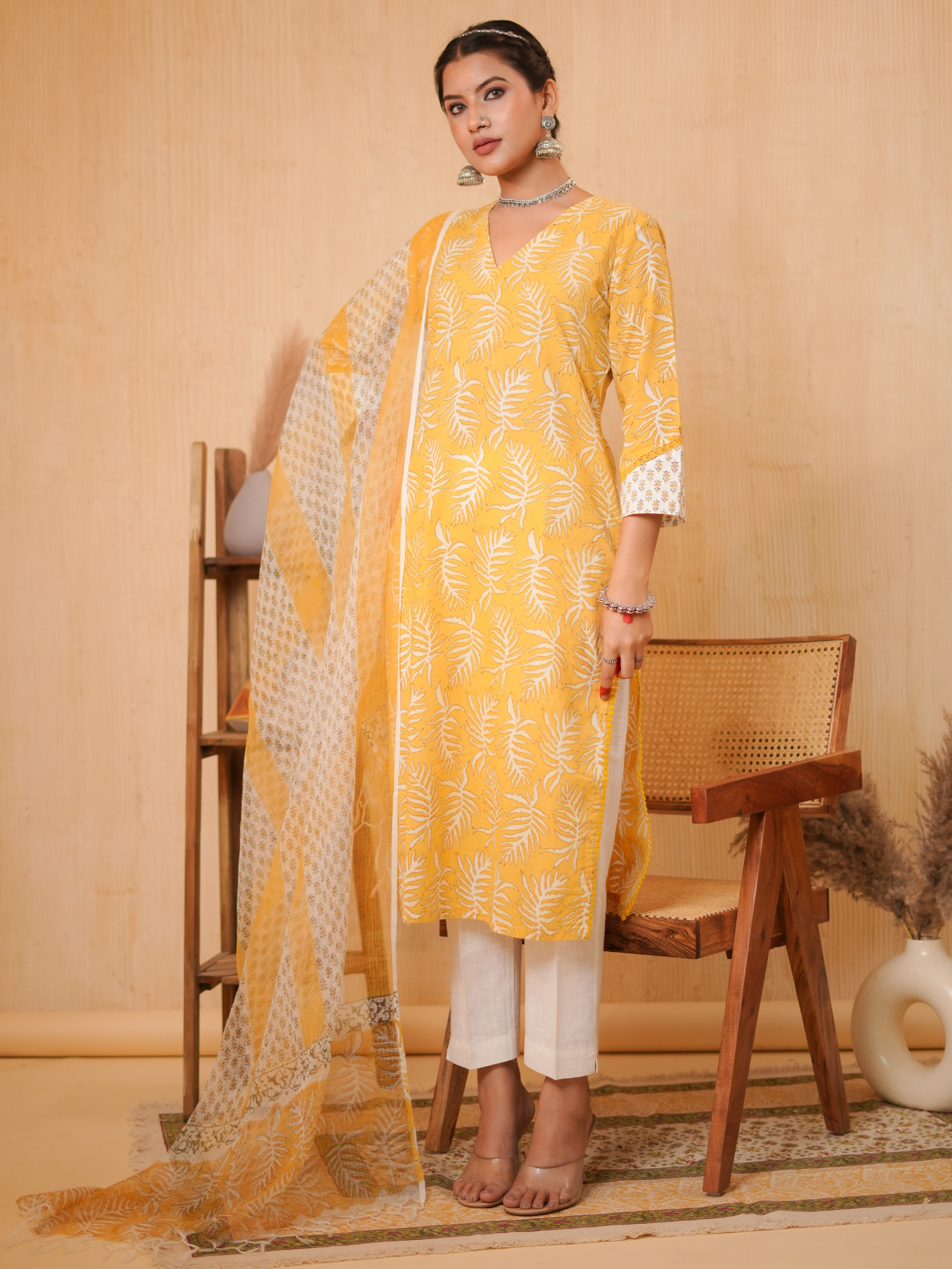 Zohra Yellow Block Print Leaf Kurta Set