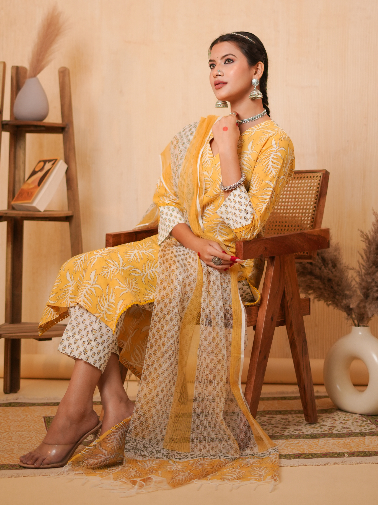 Zohra Yellow Block Print Leaf Kurta Set