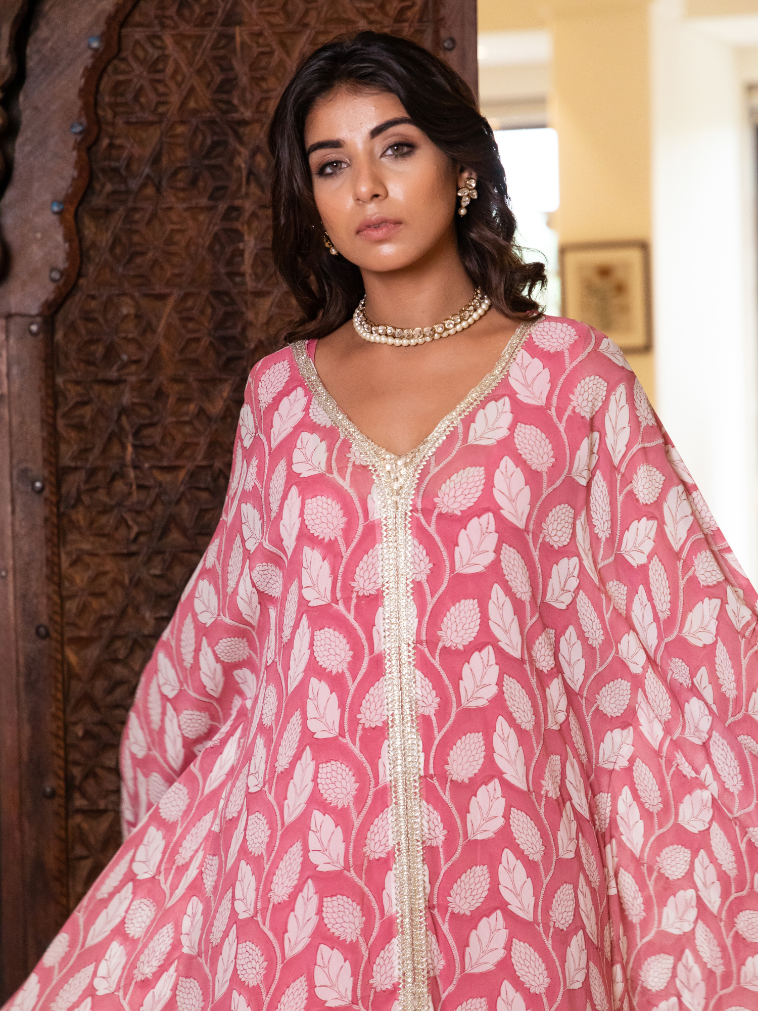 Pink Leaf Floral Hand Block Printed Kaftan