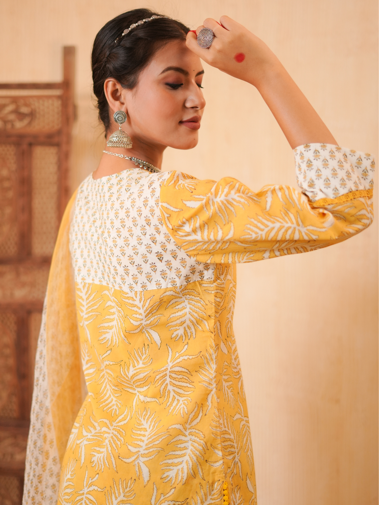 Zohra Yellow Block Print Leaf Kurta Set