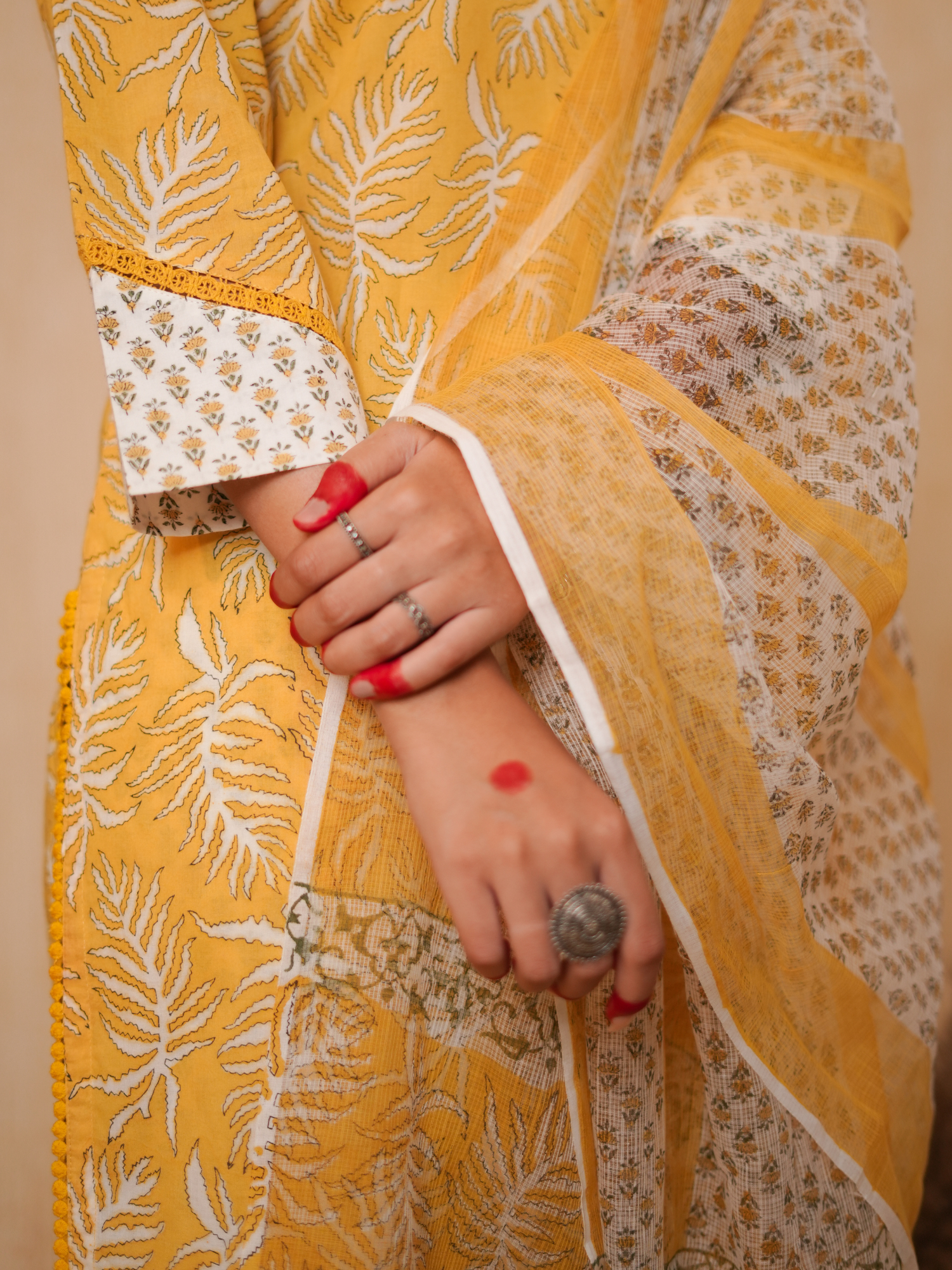 Zohra Yellow Block Print Leaf Kurta Set