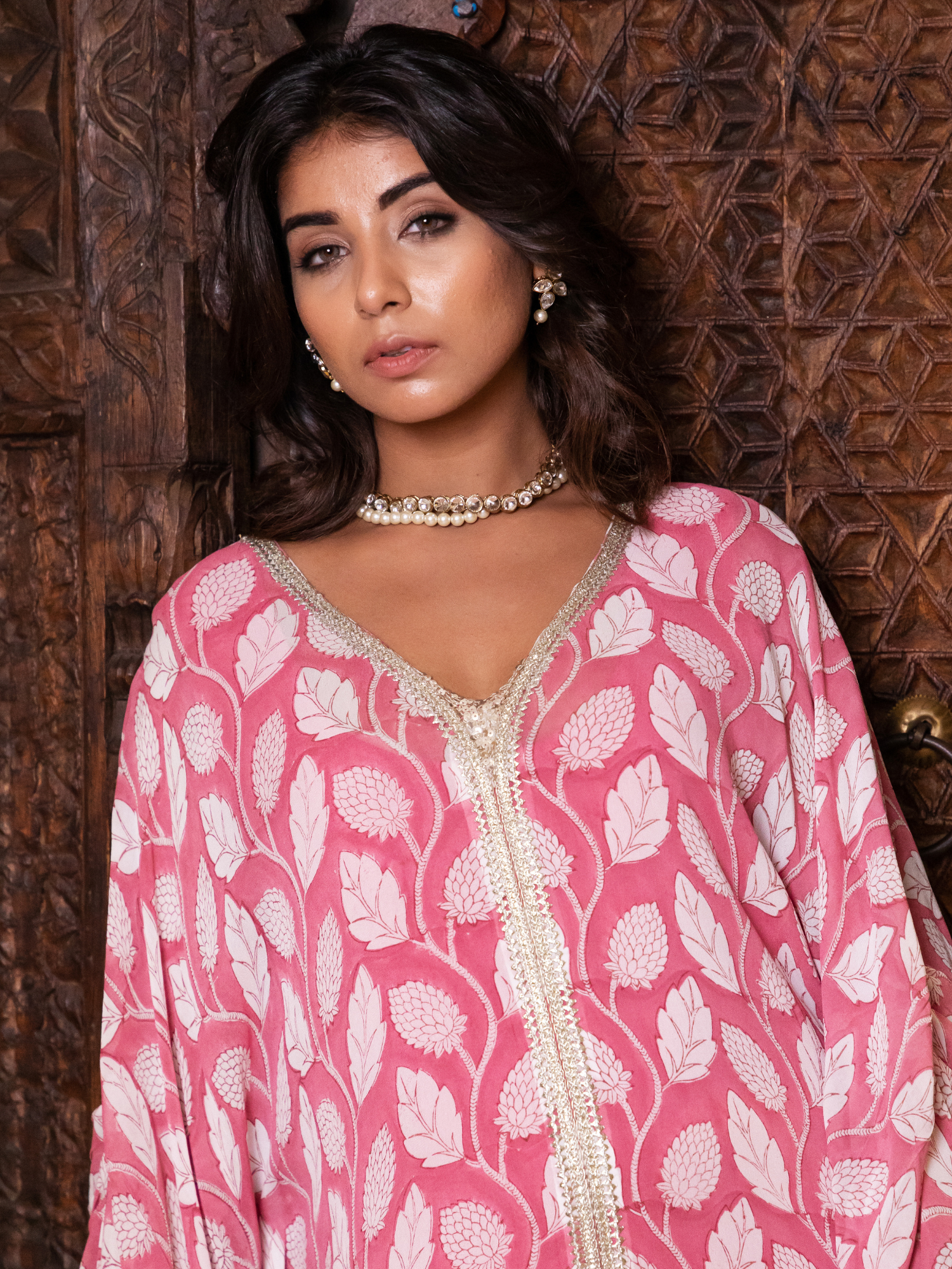 Pink Leaf Floral Hand Block Printed Kaftan