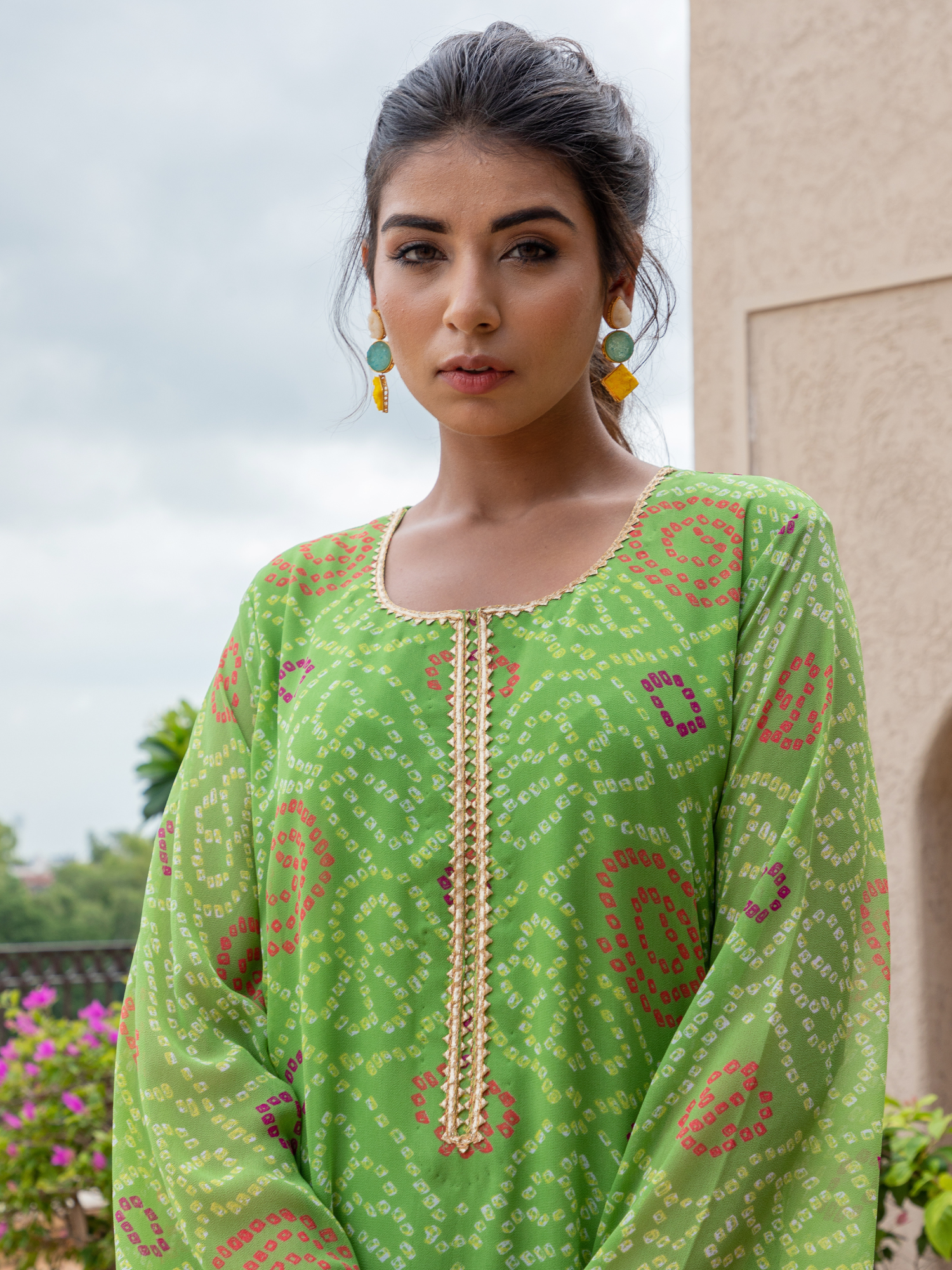 Green Georgette Straight Bandhani Kaftan