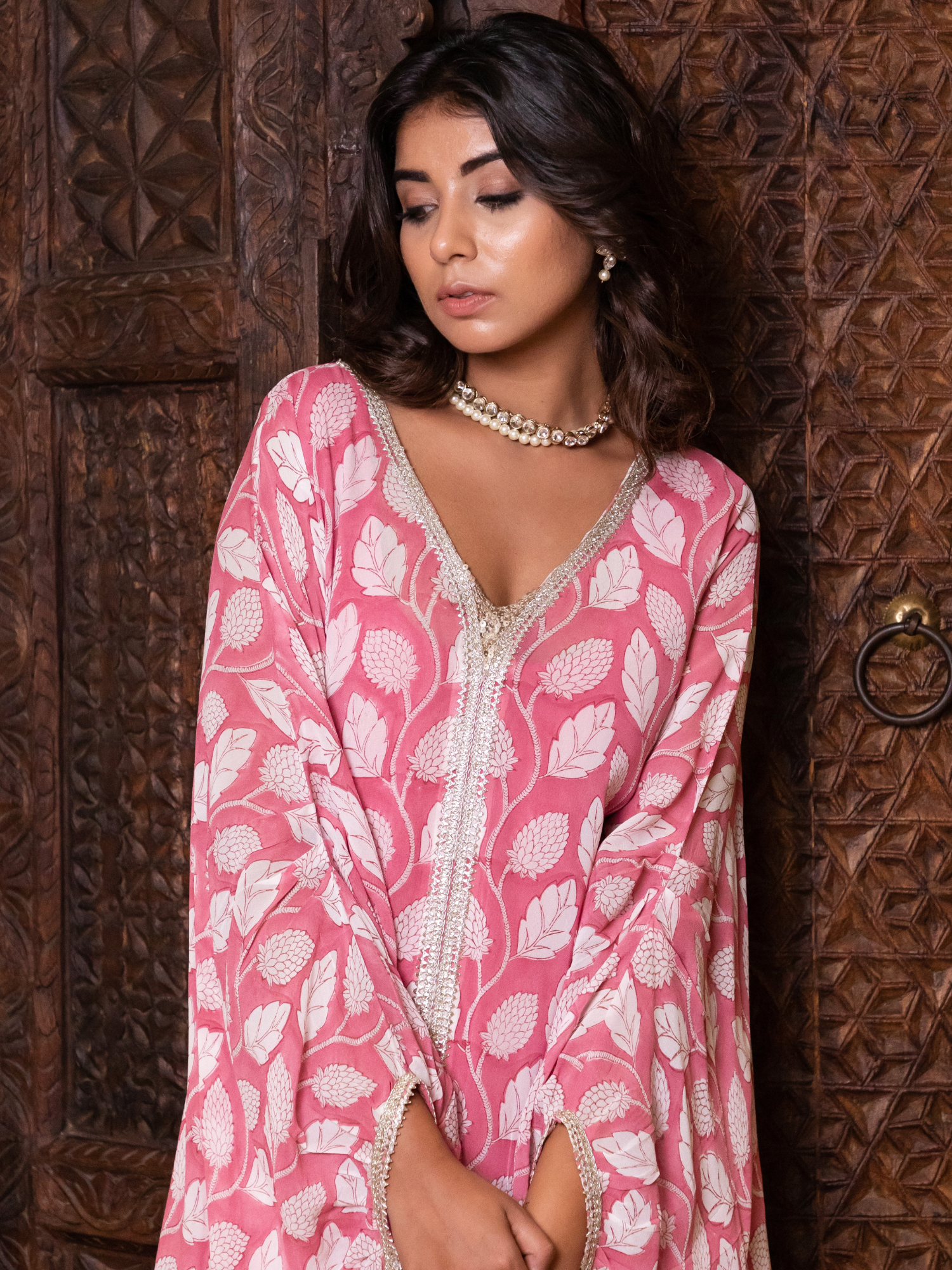 Pink Leaf Floral Hand Block Printed Kaftan