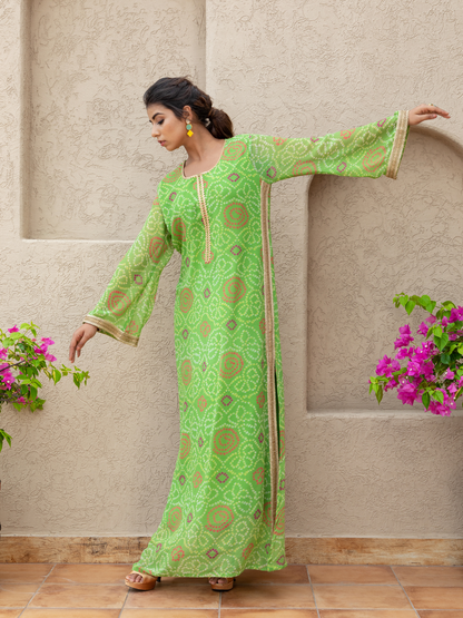 Green Georgette Straight Bandhani Kaftan