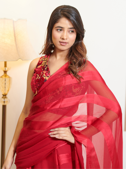 Imported Red Georgette, Silk Striped Ruffle Saree