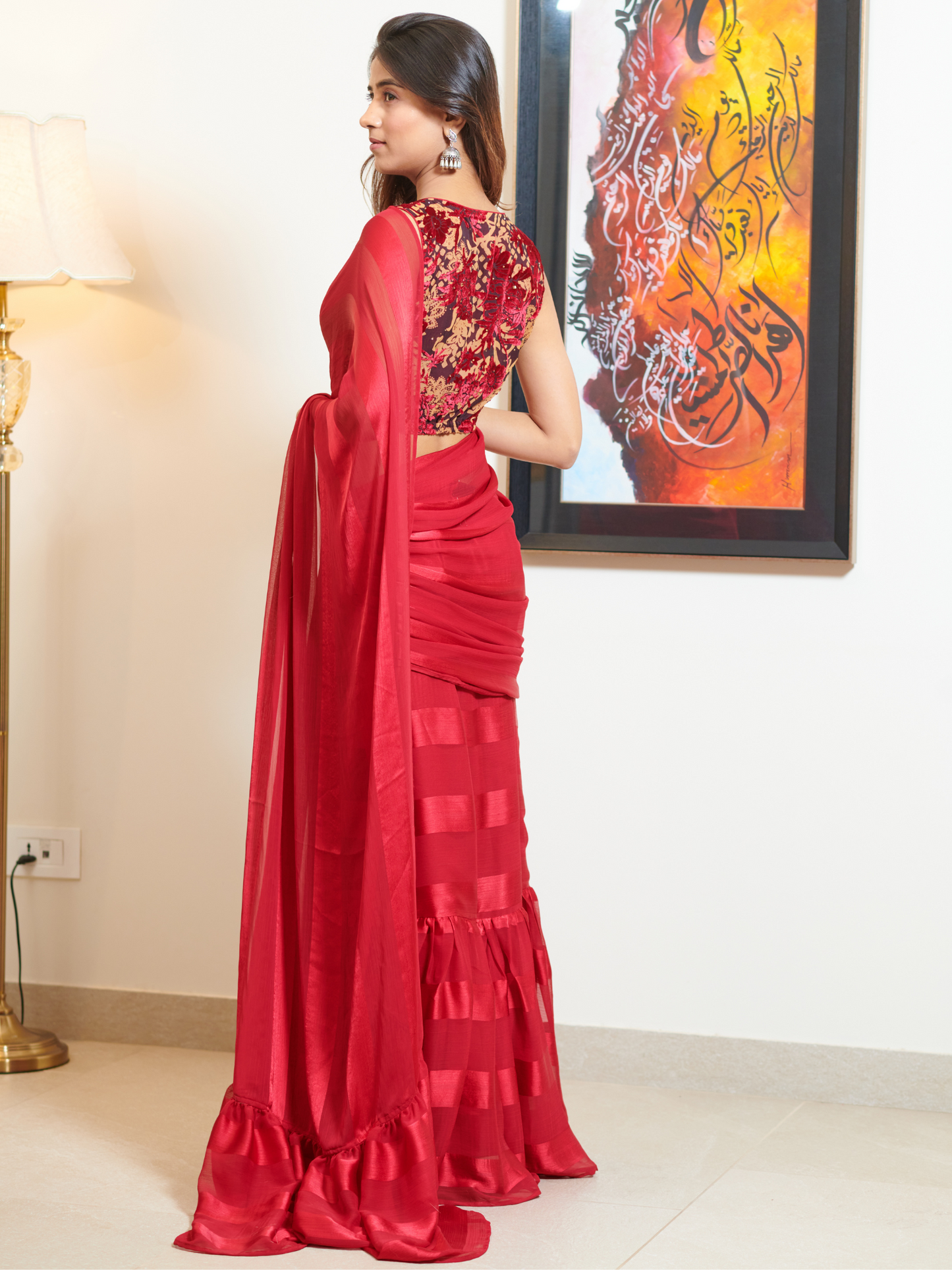 Imported Red Georgette and Silk Striped Ruffle Saree