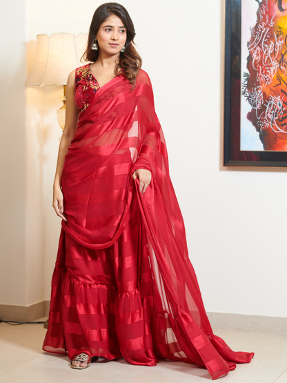 Imported Red Georgette, Silk Striped Ruffle Saree