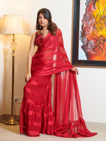 Imported Red Georgette, Silk Striped Ruffle Saree