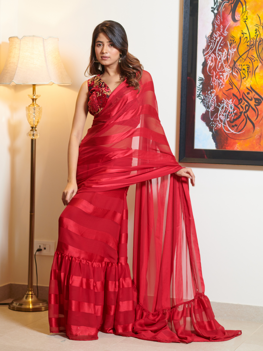 Imported Red Georgette and Silk Striped Ruffle Saree