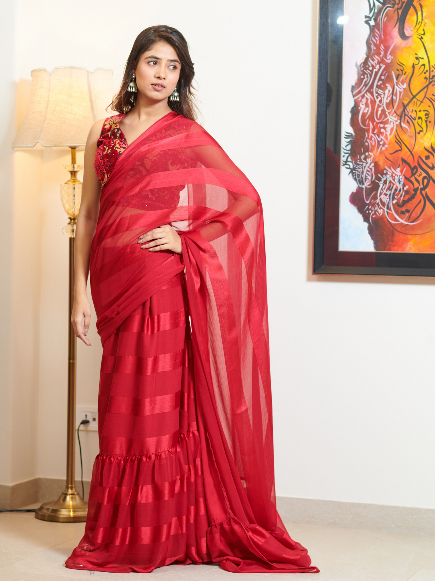 Imported Red Georgette, Silk Striped Ruffle Saree