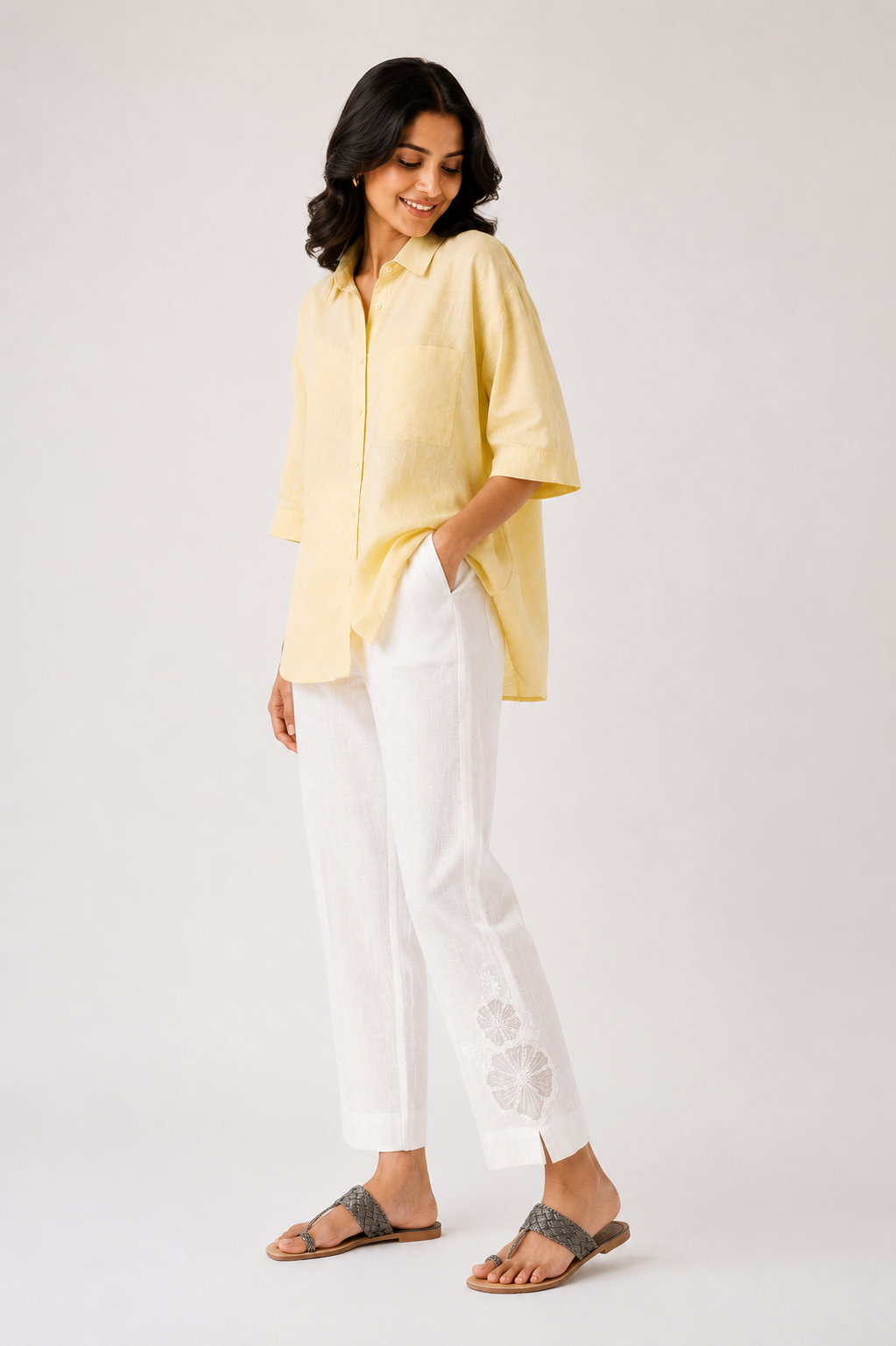 Organza Embroidery Patch Cotton Slub Pants