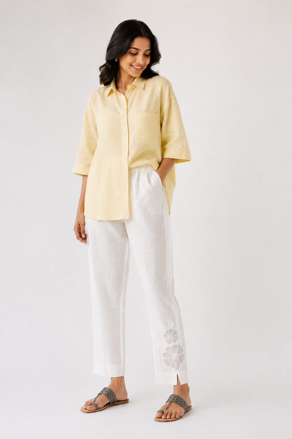 Organza Embroidery Patch Cotton Slub Pants