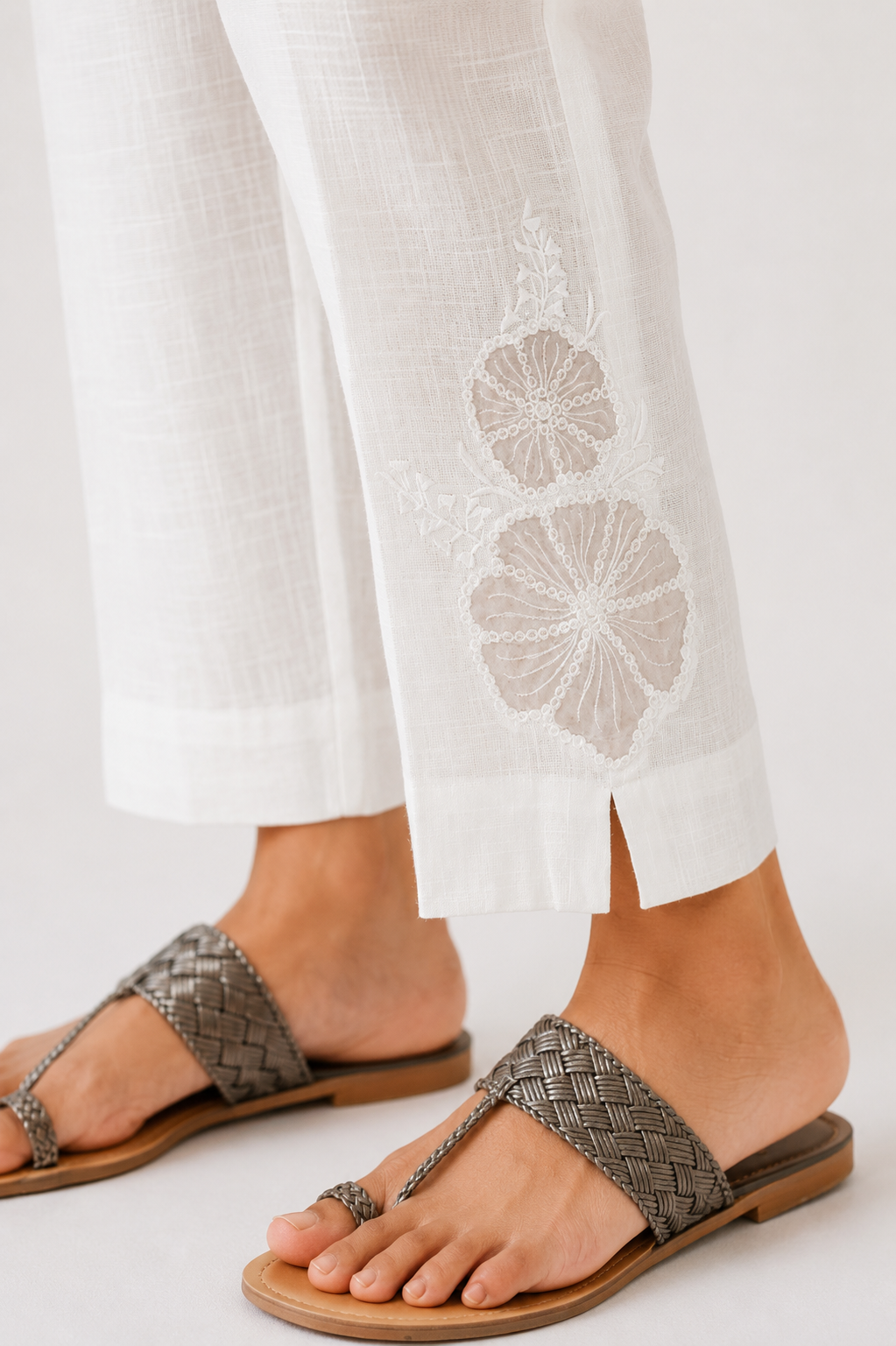Organza Embroidery Patch Cotton Slub Pants