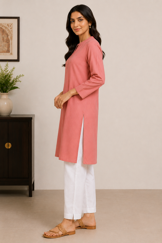 White Cotton Slub Straight Fit Pants