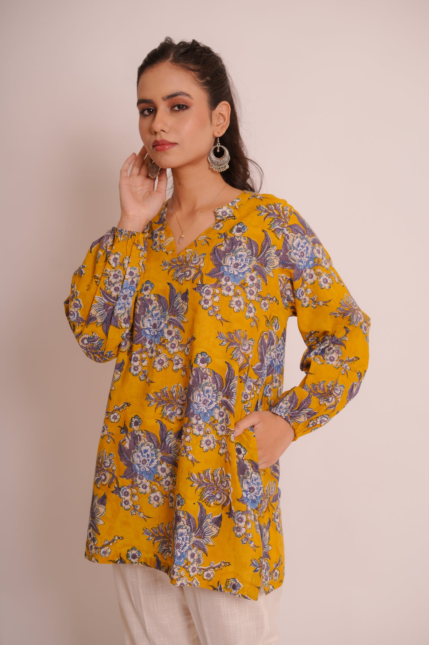 Sajal Yellow Floral Jaal Puff Sleeves Top