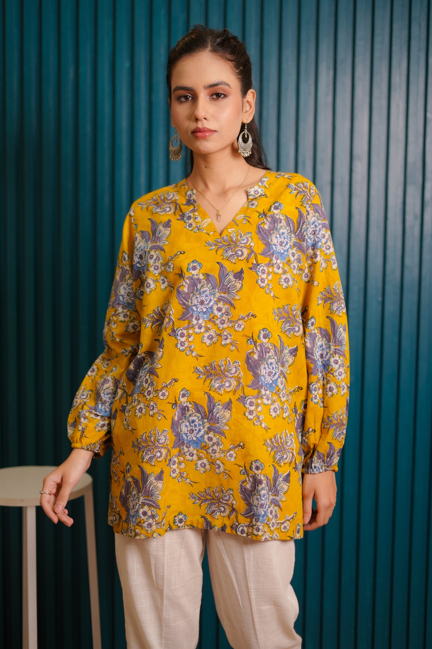 Sajal Yellow Floral Jaal Puff Sleeves Top
