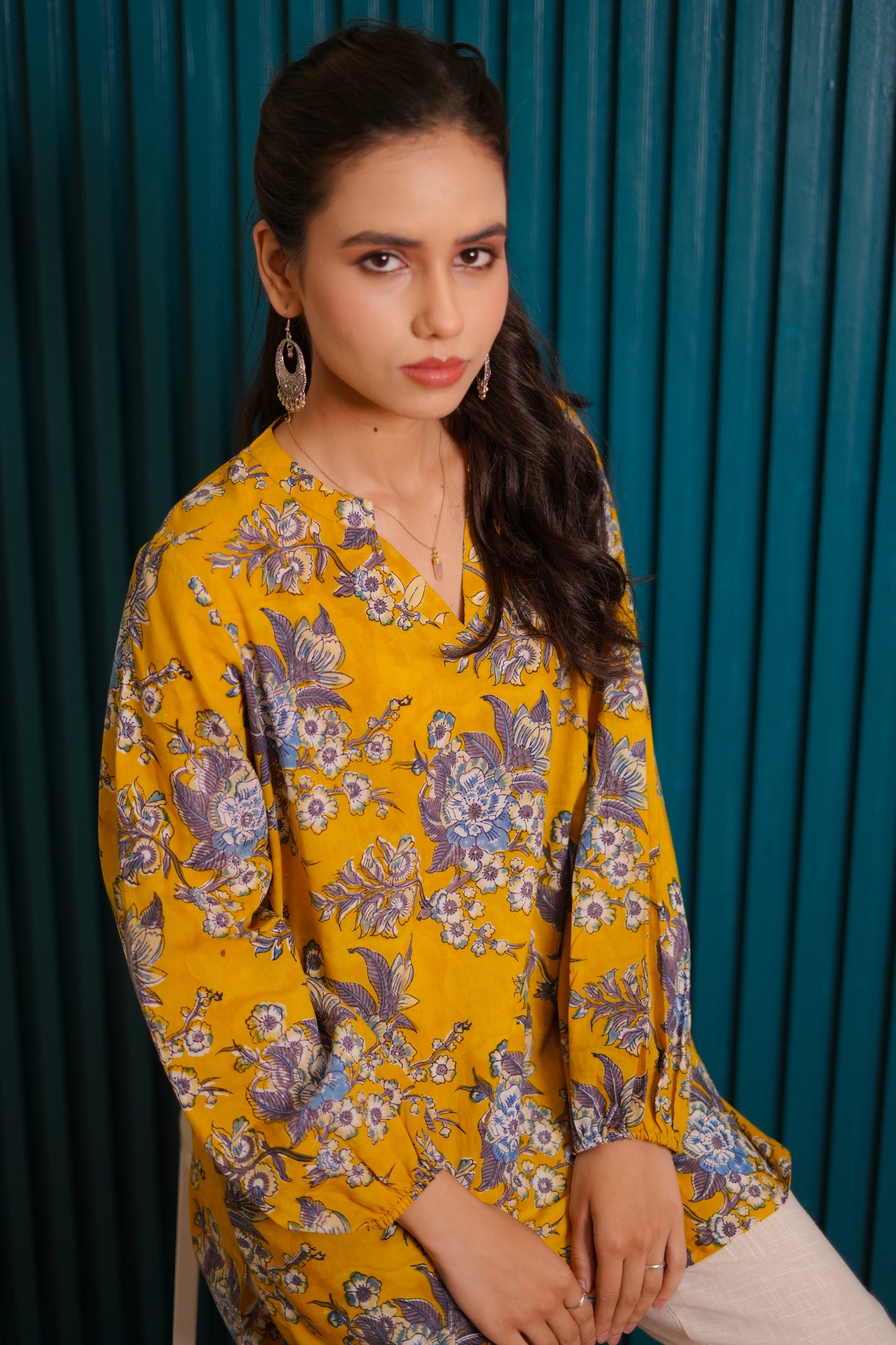 Sajal Yellow Floral Jaal Puff Sleeves Top